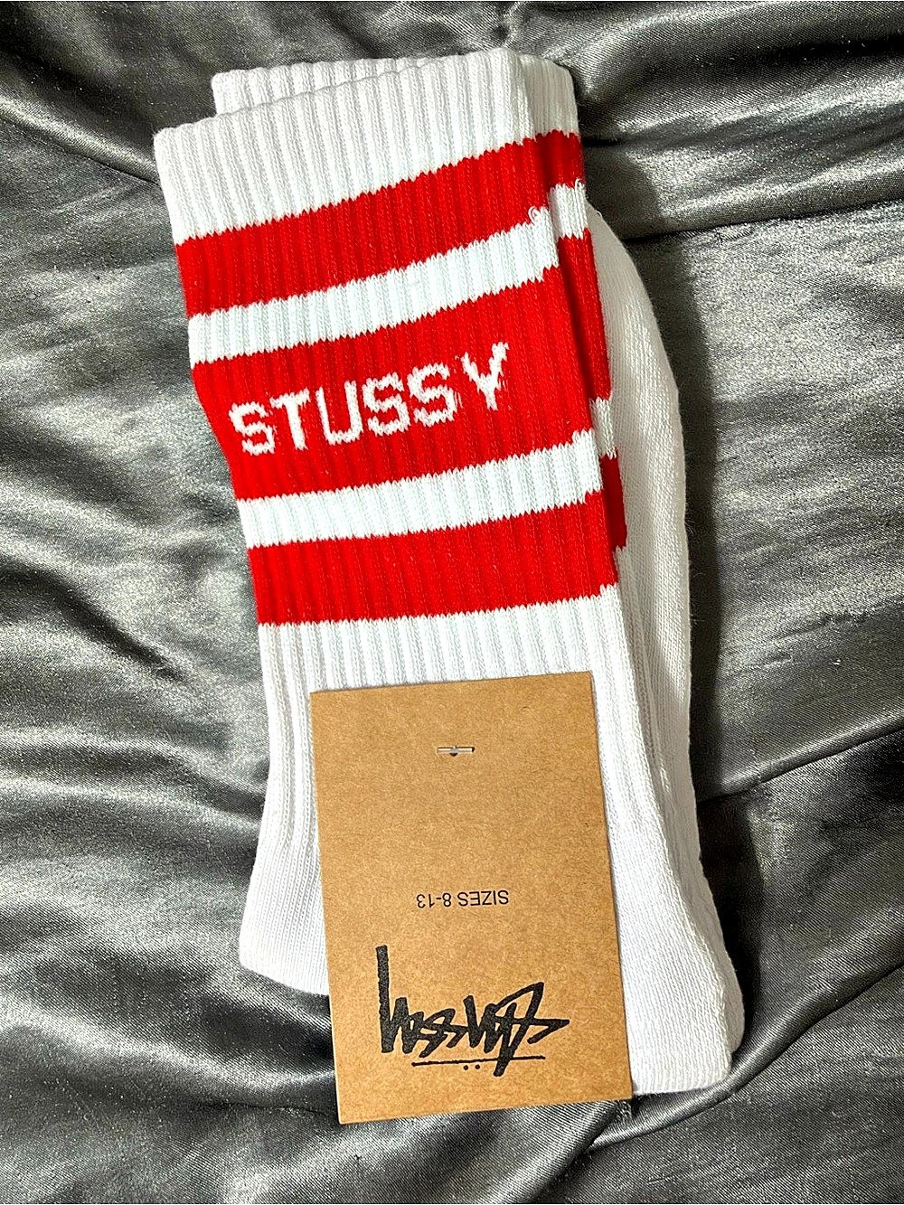 Stussy Stock Crew Socks Striped Socks White & Red 8-13